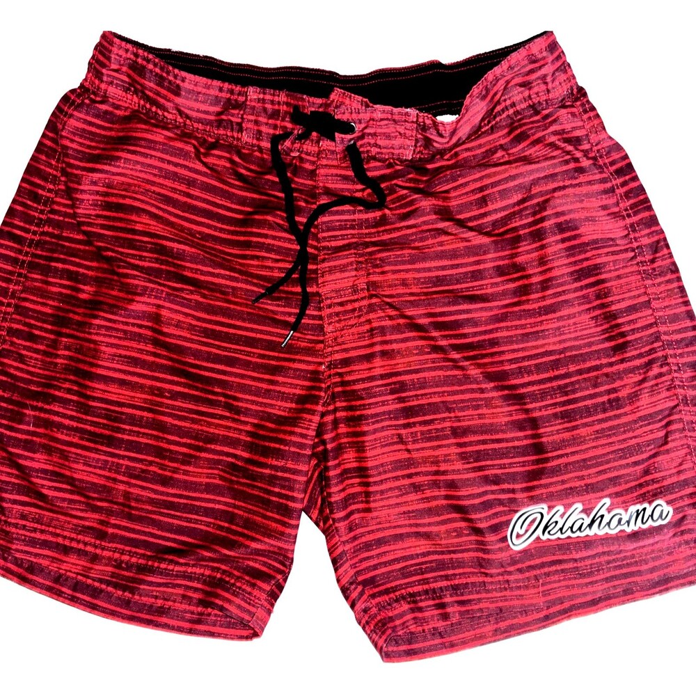American Crown Oklahoma Swim Trunks Board Shorts Red Pinstripe Men’s Large